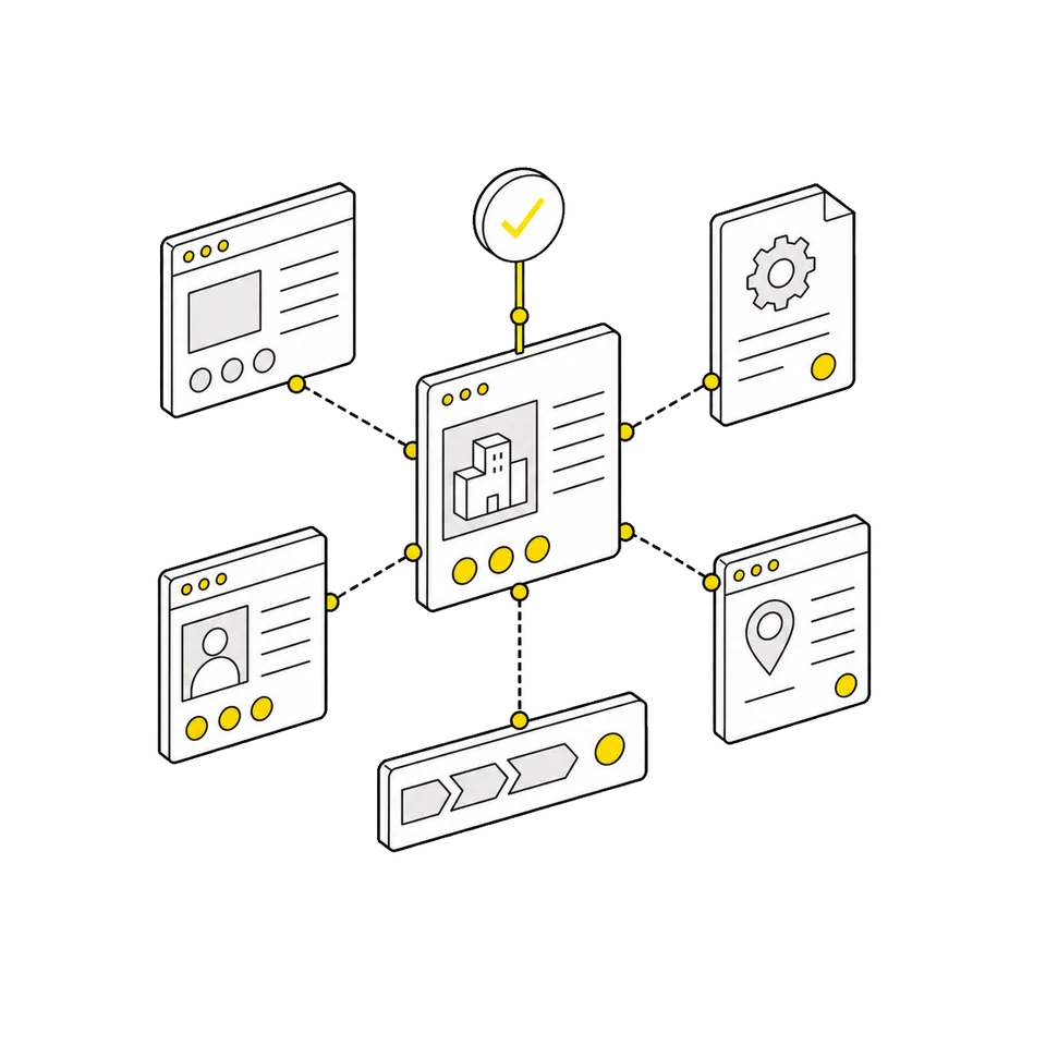 Connected service, company, location, and delivery records forming one coherent system